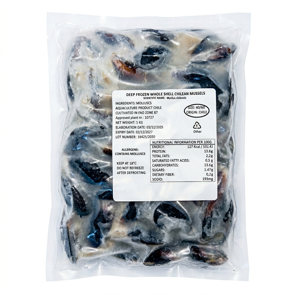 COOKED & FROZEN WHOLE SHELL CHILEAN MUSSELS (1kg)