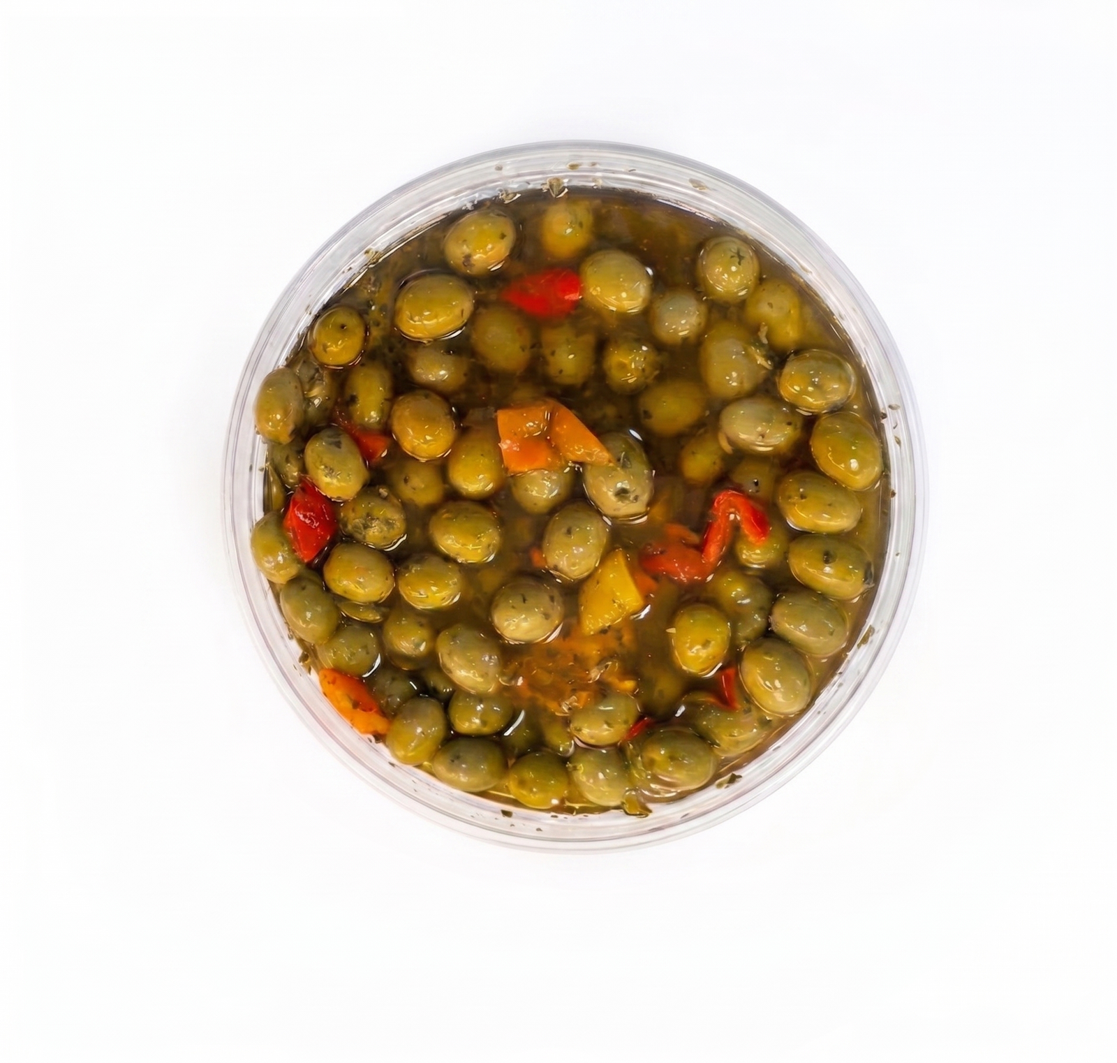 GREEN OLIVES WITH SWEET PEPPERS IN OIL (100g)